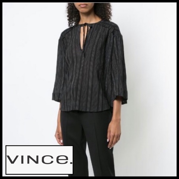 VINCE Variegated Stripe Top in Black/White Cotton. - Picture 1 of 8